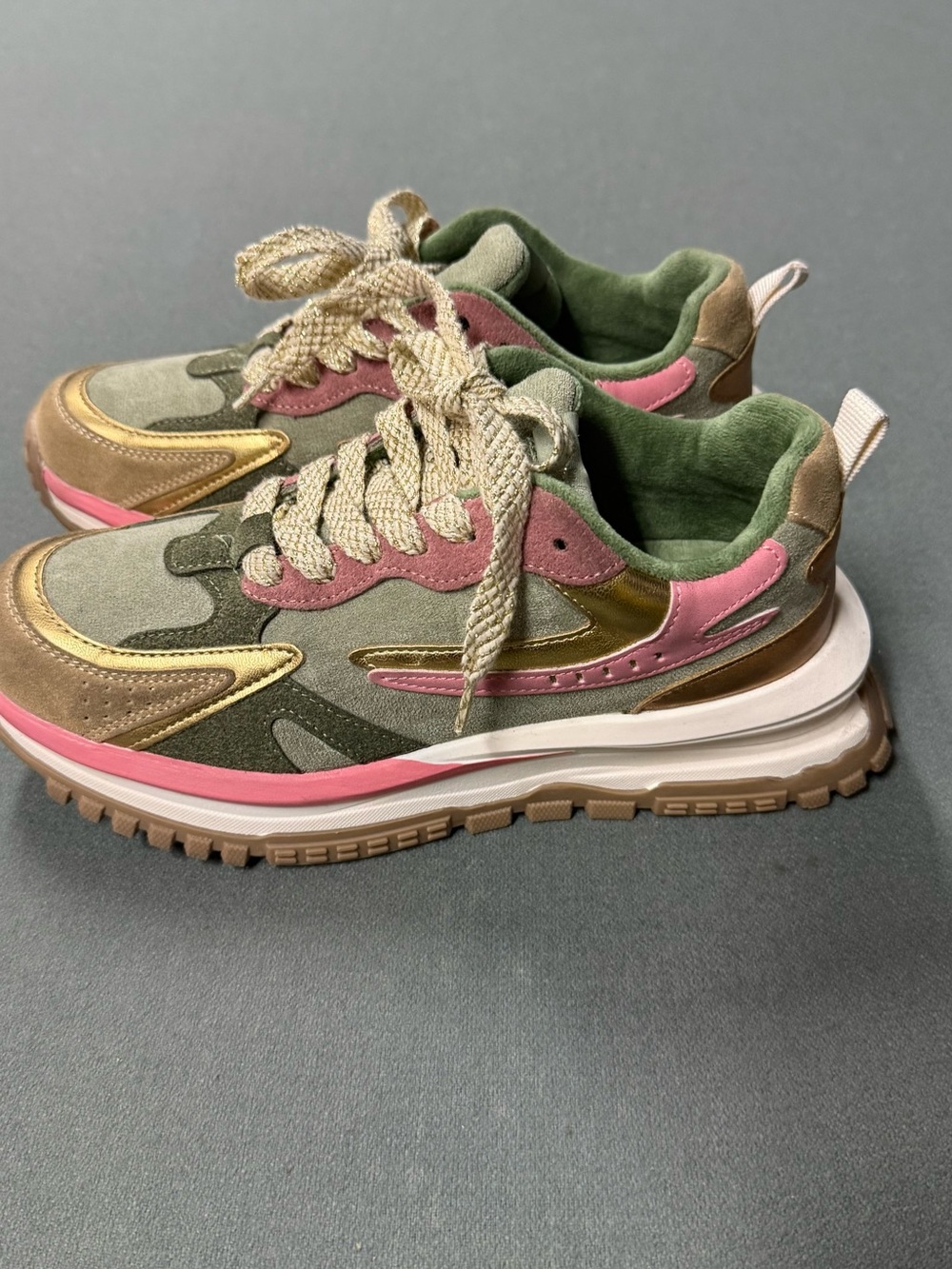 Women's Chunky Lace-Up Sneakers in Olive Green and Pink